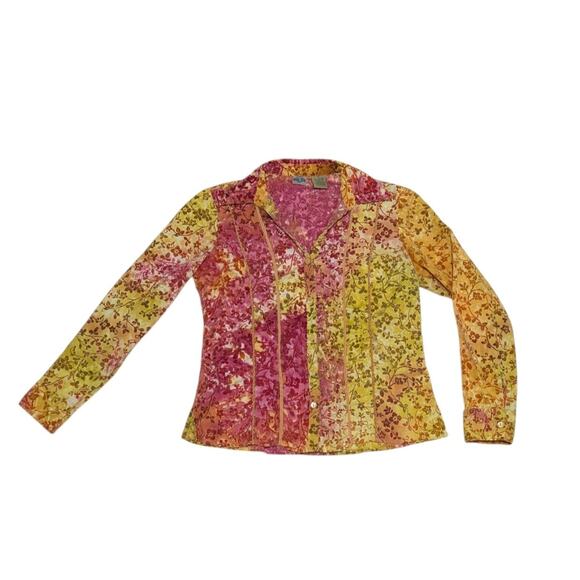 Vintage Velour Floral Paisley Button Down Shirt Yellow Pink Velvet Western Lace - Picture 1 of 4